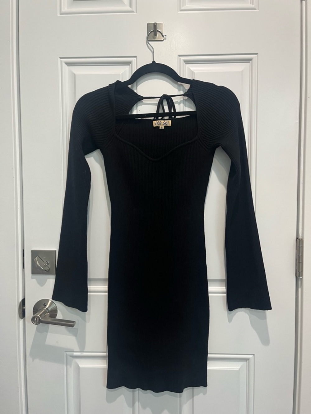 Black Ribbed Long-Sleeve Mini Dress with Square Neck